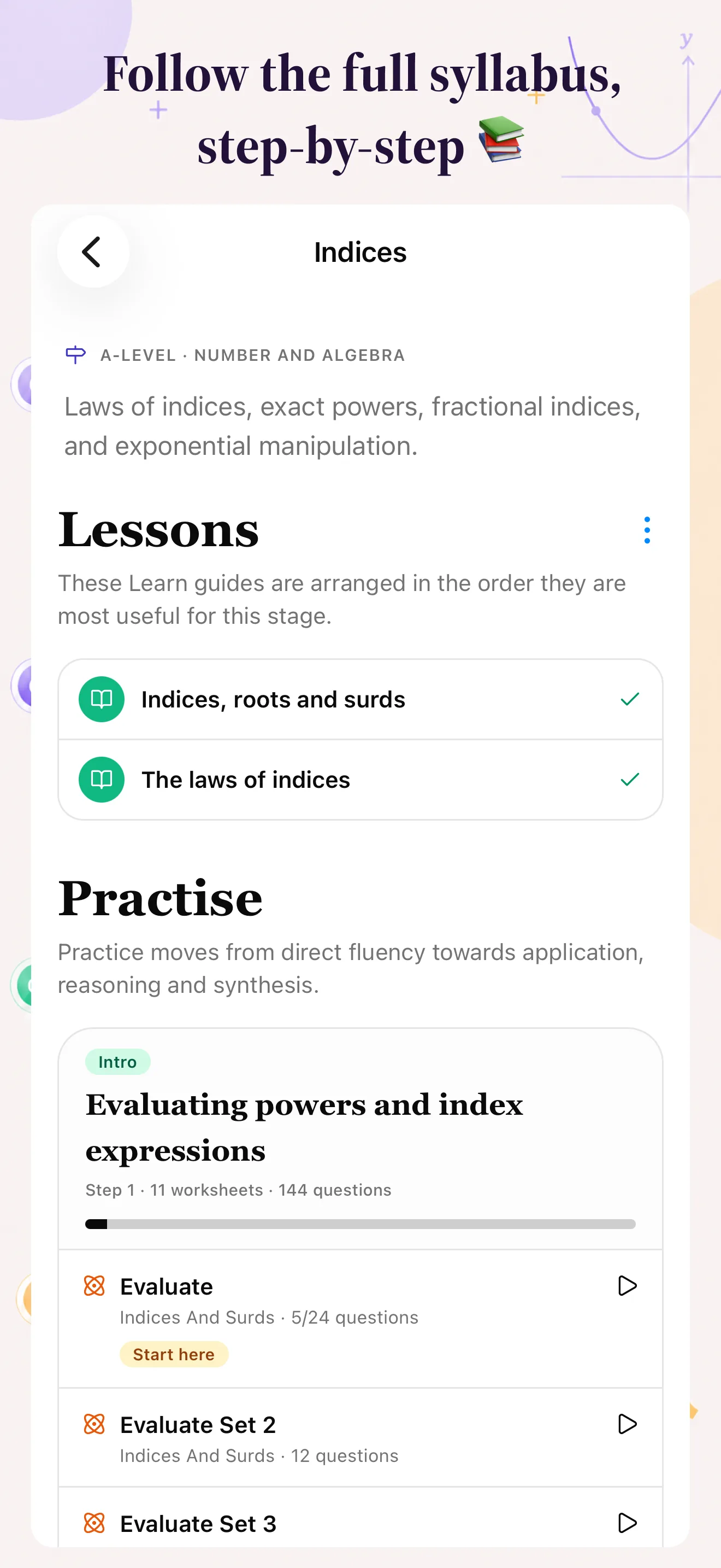 MathLab topic screen with ordered lessons and practice worksheets.