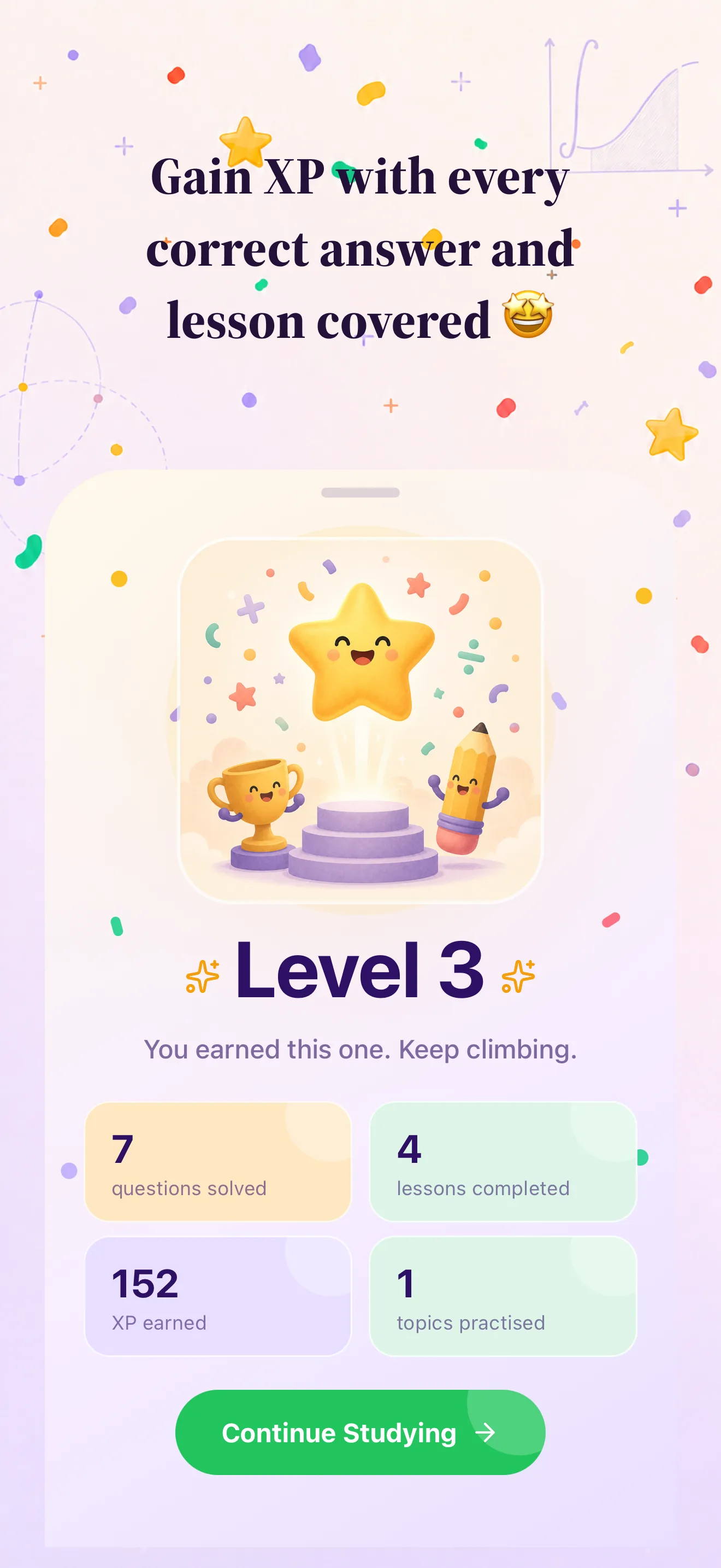 MathLab level-up screen celebrating Level 3 with questions solved, lessons completed and XP earned.