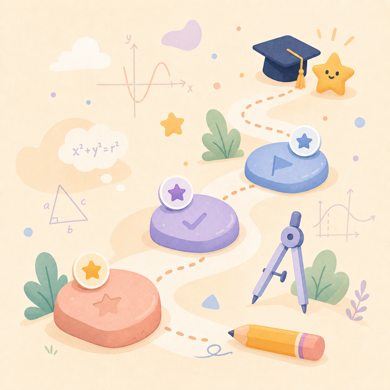 An illustrated maths learning path with milestones leading to graduation